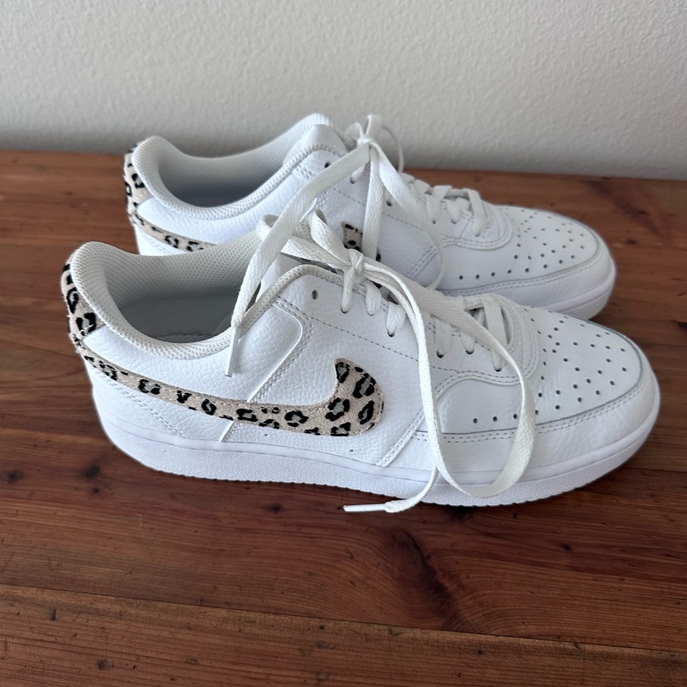 Nike White and Tan Sneakers with Leopard Print